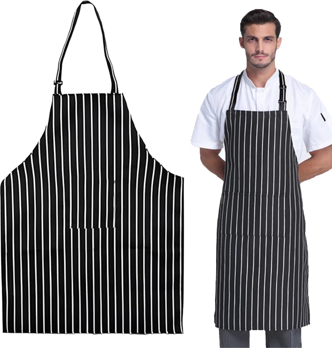 Dailygoods- Keukenschorten Set van 2 - Verstelbare Chef-kokschorten - Zwart-wit Gestreept - Kookschorten voor Mannen/Vrouwen - Perfect voor Thuis/Restaurant - Kookschort