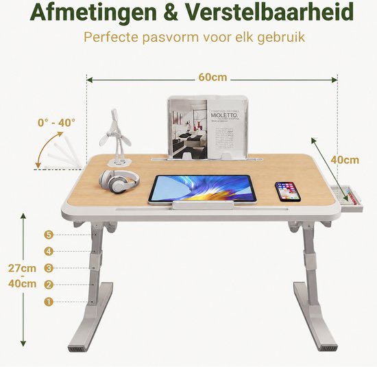Afmetingen en verstelbaarheid van de houtkleurige bedtafel: 60x40 cm, kantelhoek 0-40°, hoogte 27-40 cm.