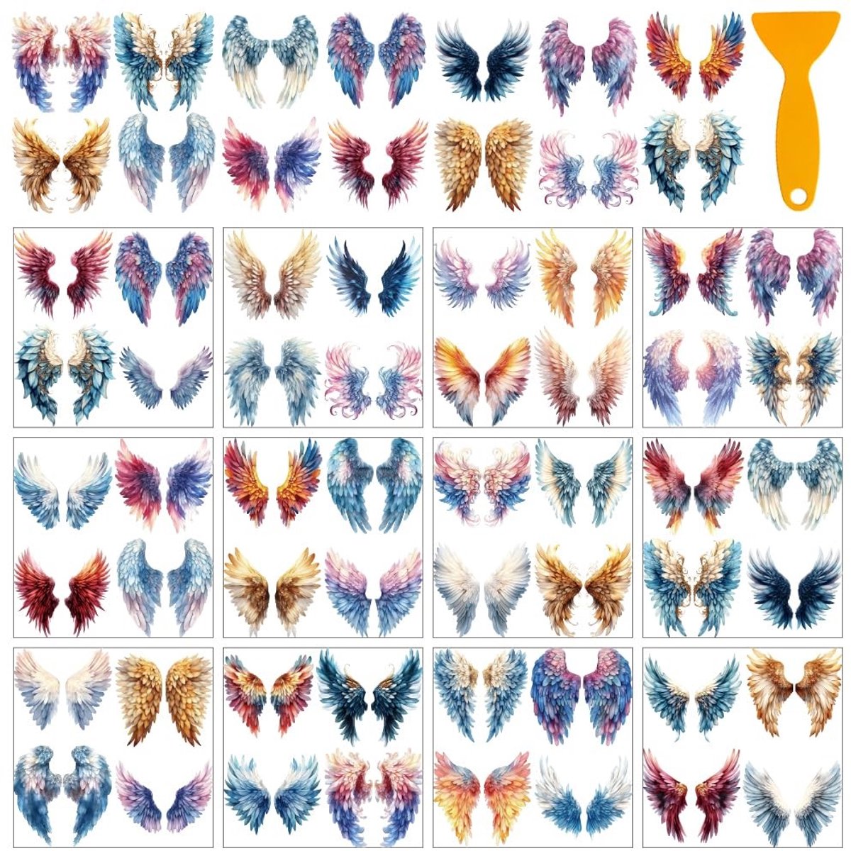 Dailygoods- Engelenvleugels 12 Vellen - Elegante Kleurrijke Vleugels - Transferstickers voor Ambachten - Stickers voor Raam/Papier/Hout - Creatieve Decoratie - Decoratiestickers