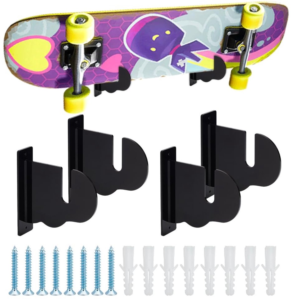 Dailygoods- Skateboard Wandbevestiging Zwart - Acryl Wandhanger - Opbergrek - Drijvend Rack - Geschikt voor Longboard/Snowboard - Inclusief Schroeven en Moeren - Skateboardhouder