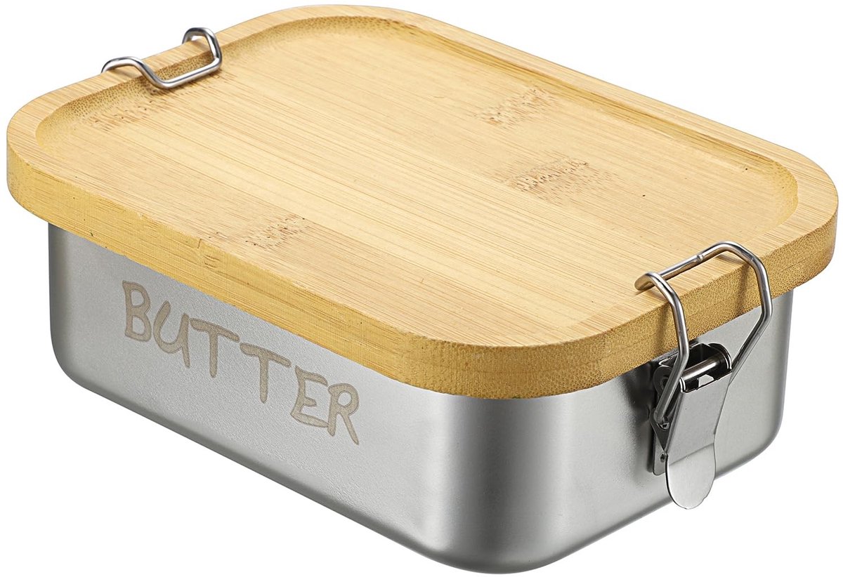 Dailygoods- Boterdoos 850ml - Boterpotje met Dekseltje - Roestvrij Staal - Goed Sluitend - Geschikt voor Magnetron/Vaatwasser - Duurzaam Bamboo Deksel - Boterpot