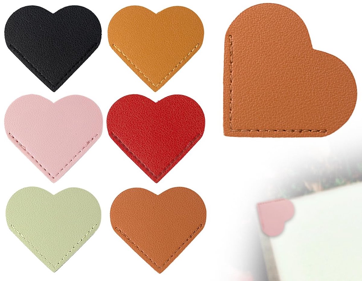 Dailygoods- Bladwijzers 6 Stuks - Handgemaakte Hoekbladwijzers - Leer Hart Bladwijzers - Creatieve Boekenleggers - Boek Accessoires - Kleurrijke Ontwerpen - Boekenlegger