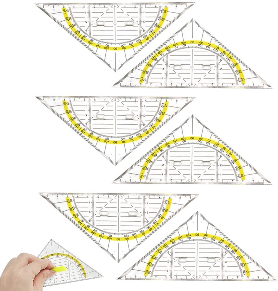 Dailygoods- Gradenboog 2-in-1 - Geodriehoek - Transparant - Set van 6 - Kunststof - Geschikt voor school en kantoor