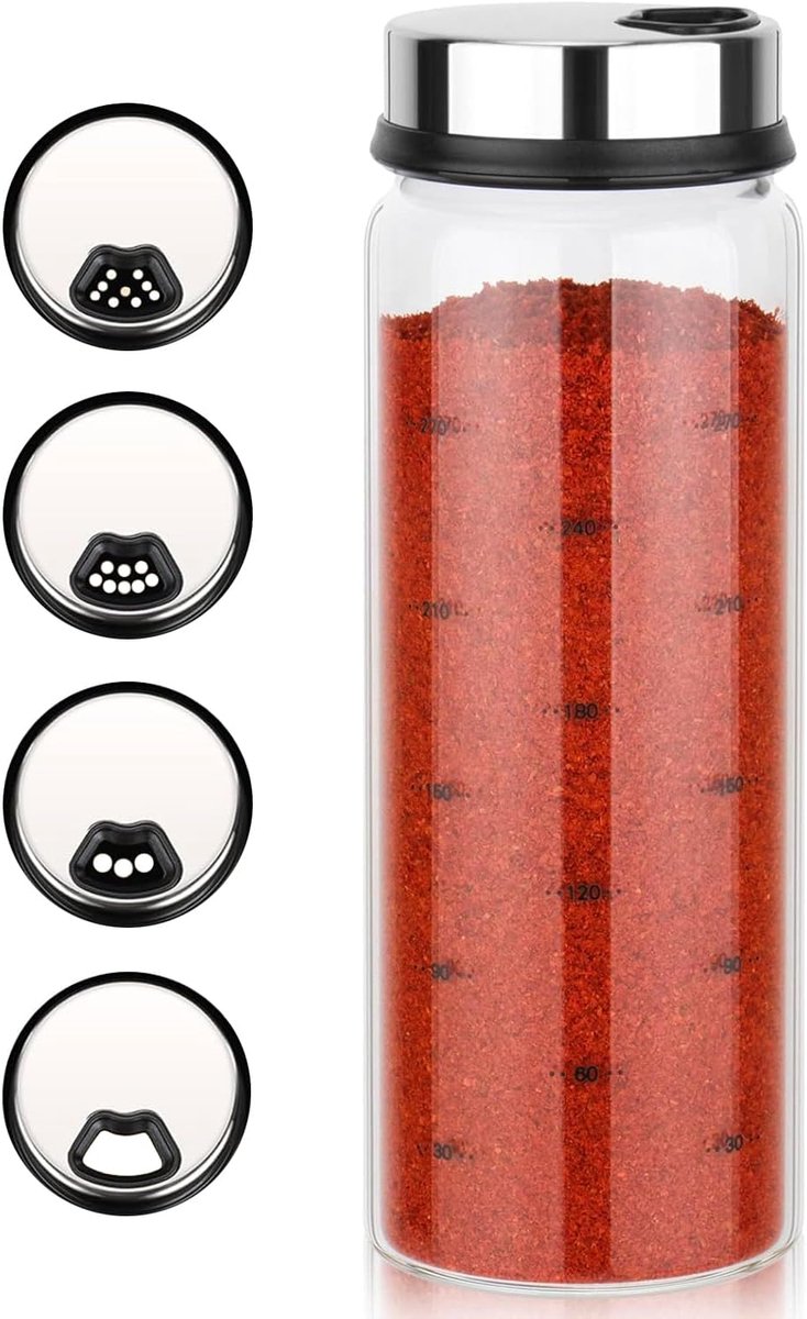 carmdering - Gewürzdosen - Kruidenpotten - Glas Strooier - Hittebestendig Borosilicaatglas - 4 Roteeropeningen - Duurzaam Glas - Zuurbestendig Ontwerp - Veelzijdig Gebruik - 300ml -1 Stuk