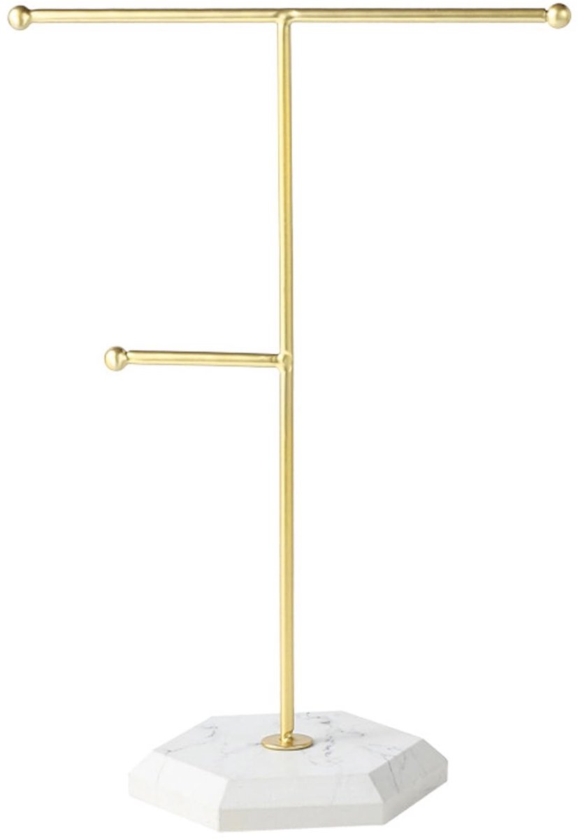 Dailygoods- Sieradenstandaard Gouden T-Bar - Sieradenhouder - Sieraden Organizer - Oorbellenhouder - Displaystandaard - Metalen Design met Bakje - Sieradenorganizer