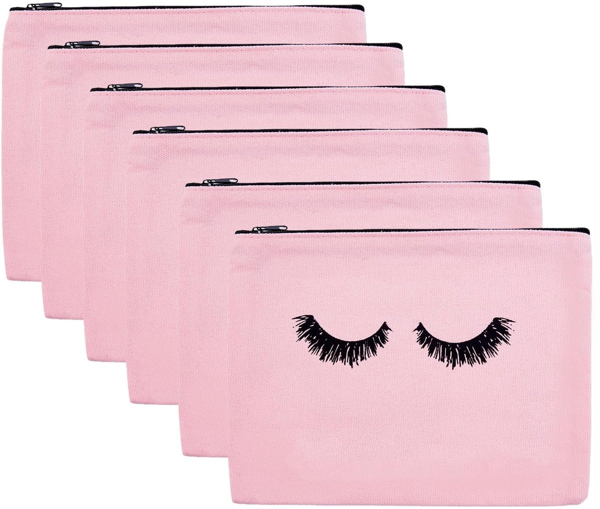 ZEYNOMAX- Make-uptas 6 stuks - Roze - Linnen - Toilettas met ritsvak - Draagbaar ontwerp - Slijtvast polyester - Schattig wimperprint ontwerp