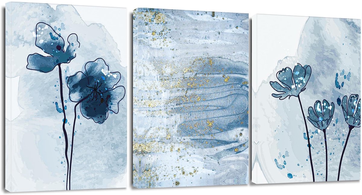 Dailygoods- Canvasfoto Abstract - 3-delige Wanddecoratie - Moderne Kunstdruk - Blauw/Gouden Aquarel - 30 x 40 cm - Massief Houten Frame