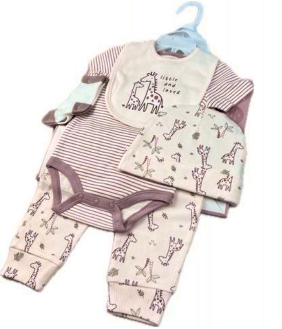 Coffret cadeau bébé 6 pièces – Cadeau de naissance bébé – Coffret cadeau bébé – Body, Legging, Bavoir, Bonnet & Chaussettes de bébé – Cadeau nouveau-né – Cadeau de naissance garçon & fille – Comprend un sac cadeau – Taille 50/56