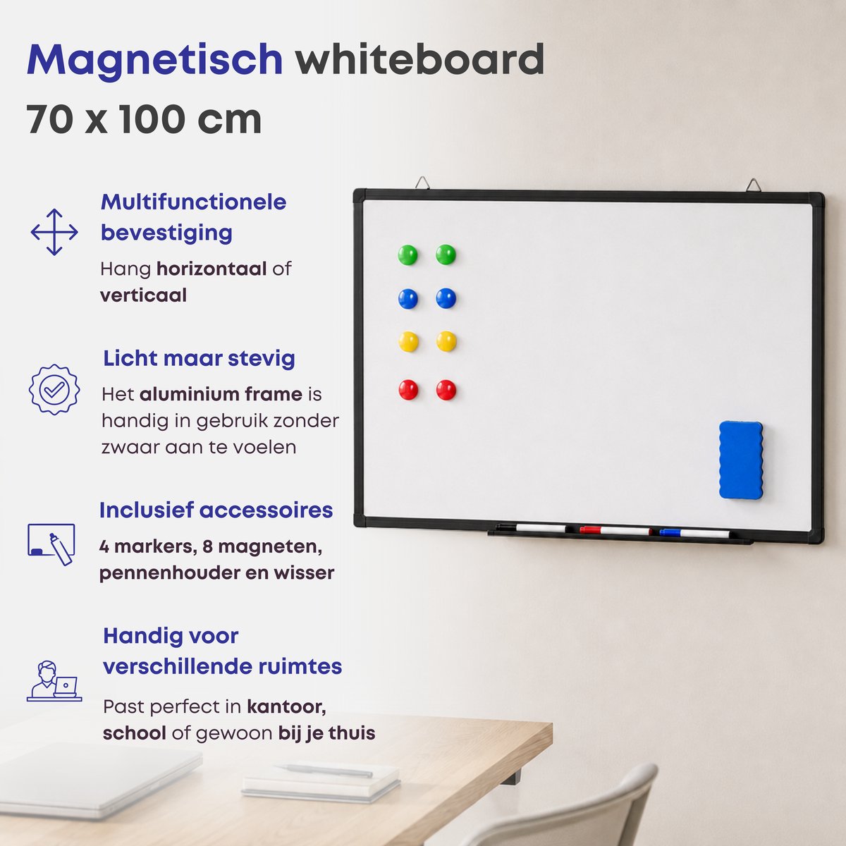 ACAZA Whiteboard - Magnetisch - 70 x 100 cm - Magneetbord - Weekplanner - Inclusief 8 Magneten, 4 Stiften, Wisser en Pennenbakje - Whiteboard Stiften - Weekplanner Whiteboard - Maandplanner - Magneten Whiteboard - Memobord thumbnail 2