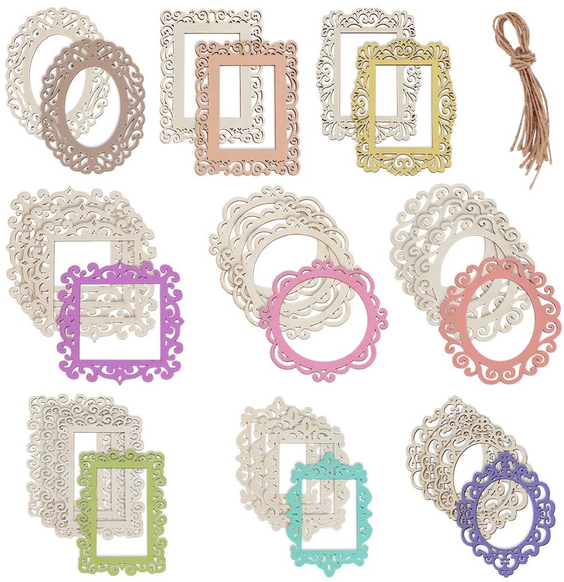 Dailygoods- Fotolijsten 30 Stuks - Ongefinished Houten Lijsten - Mini-Fotoornamenten - Decoratieve Lijsten - Knutselframe - Jute Touw