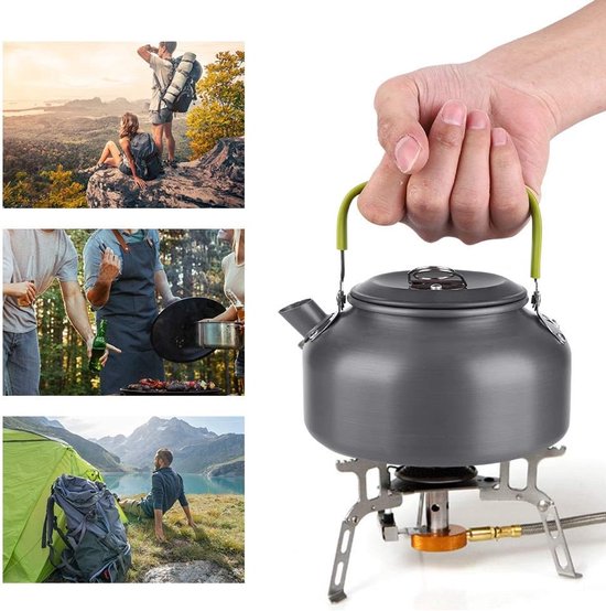 3-delige set - Kookgerei voor op de camping - Kookset voor buiten - Servies voor op de camping - Reisservies - Picknickset voor wandelen - Geschikt voor koken in de buitenlucht, wandelen en kamperen - 2 pannen en 1 waterkoker - Grijs — afbeelding 3