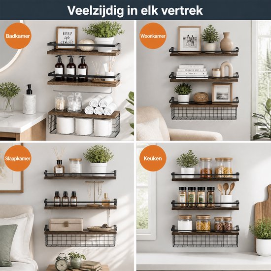 Houten wandplanken in een badkamer, woonkamer, slaapkamer en keuken, met decoraties en opbergartikelen.