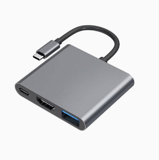 Grijze USB-C hub met HDMI, USB-A en USB-C poorten.