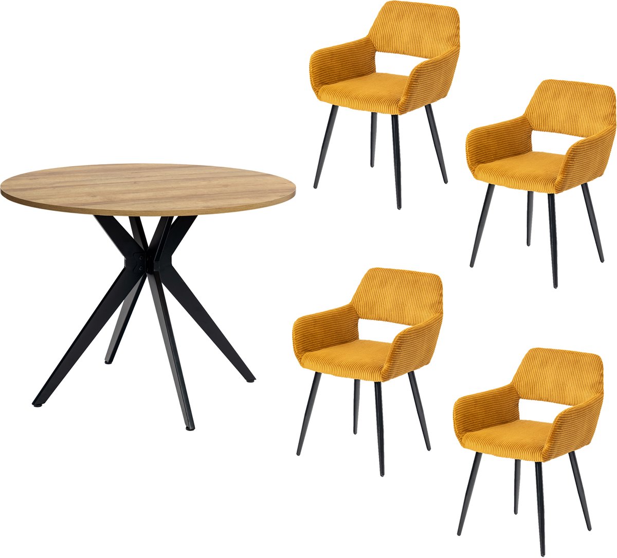 Eethoeken - 5-delig Ronde houten tafel Corduroy fauteuils - Geel