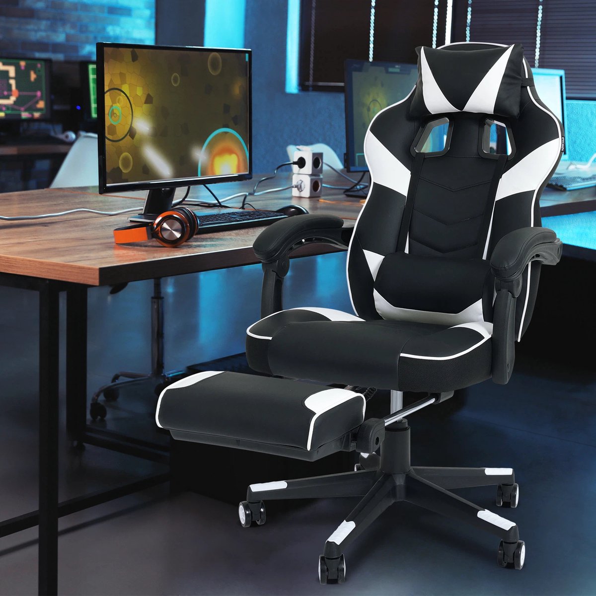 Puluomis - Gaming Stoel - 135° Verstelbare Rugleuning - Gaming Stoel met inklapbare Voetsteun - racerstijl - Geïntegreerde Armleuningen - Maximale Belastbaarheid 150kg - Wit