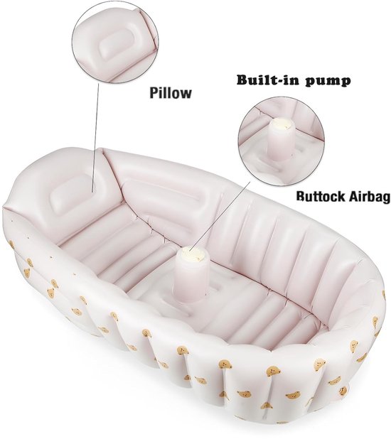 Opblaasbaar babybadje met geïntegreerde ingebouwde luchtpomp - Geen externe pomp nodig - Antislip, draagbaar peuterbadje - Reisvriendelijk, opvouwbaar babybadje voor pasgeborenen tot 24 maanden (Beren) — afbeelding 5