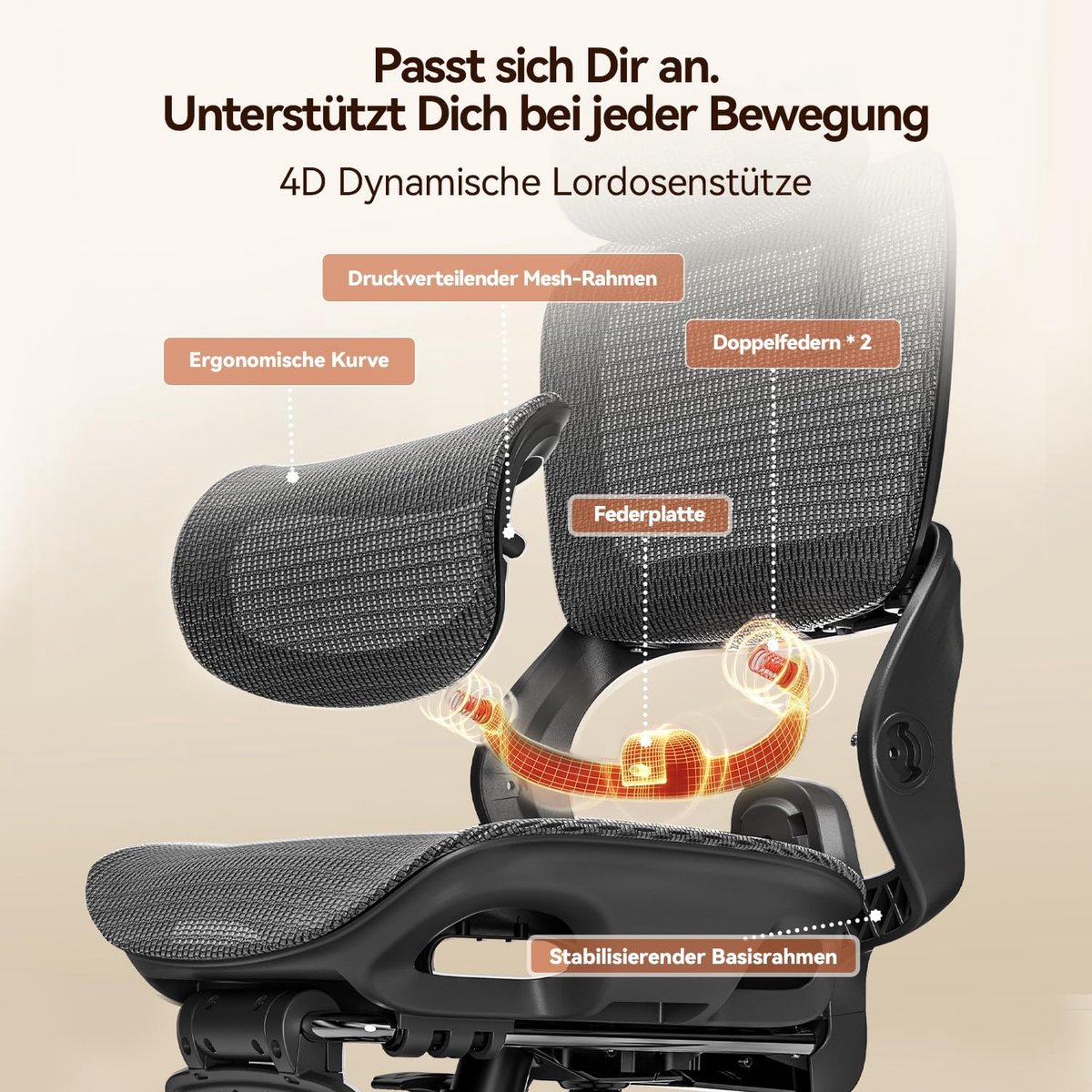 Ergonomische bureaustoel met 4D lendensteun en 3D hoofdsteun – House&Garden B100 Pro draaistoel – zwart mesh, 90–135° verstelbare rugleuning, inklapbare 4D armleuningen – gaming & kantoorstoel 150 kg