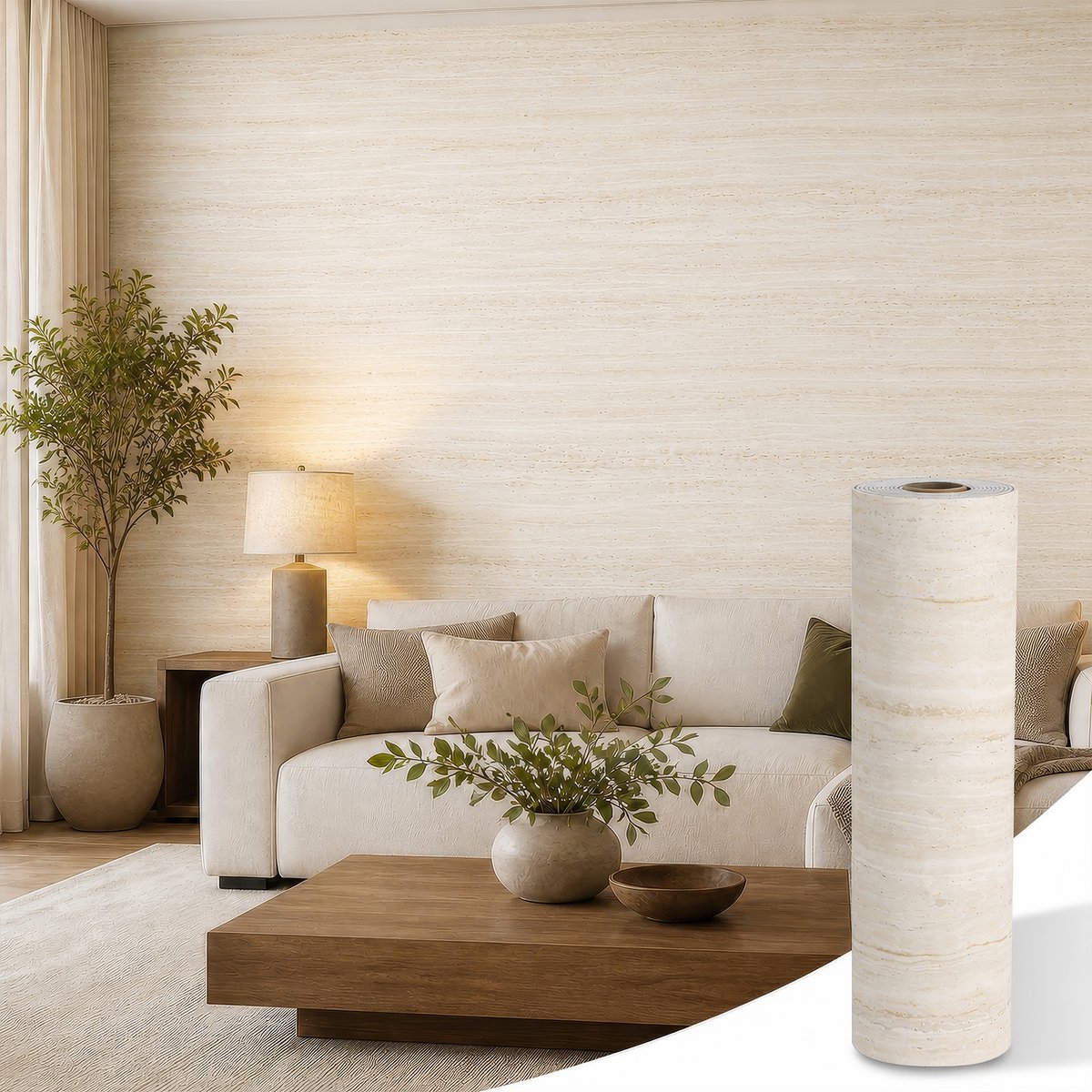 Lemlit Zelfklevend Behang Travertin Look - 40x300 cm - 2 mm - Muursticker Plakfolie Decoratiefolie voor Muur Vloer Tafel Kast - Beige
