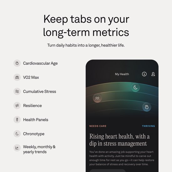 Telefoon met de Oura app die gezondheidsinzichten toont, met iconen voor slaap, stress en activiteit.