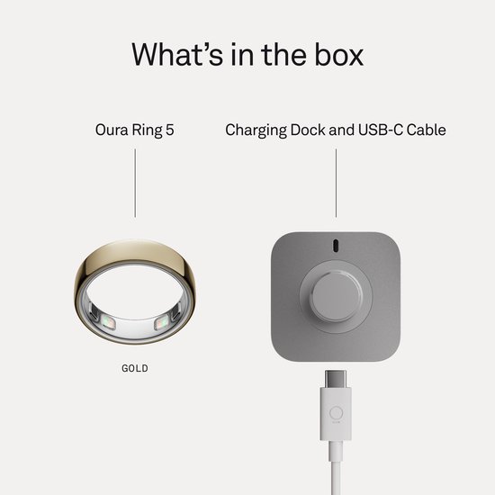 Inhoud van de doos: Oura Ring 5 Goud en een laaddock met USB-C kabel.