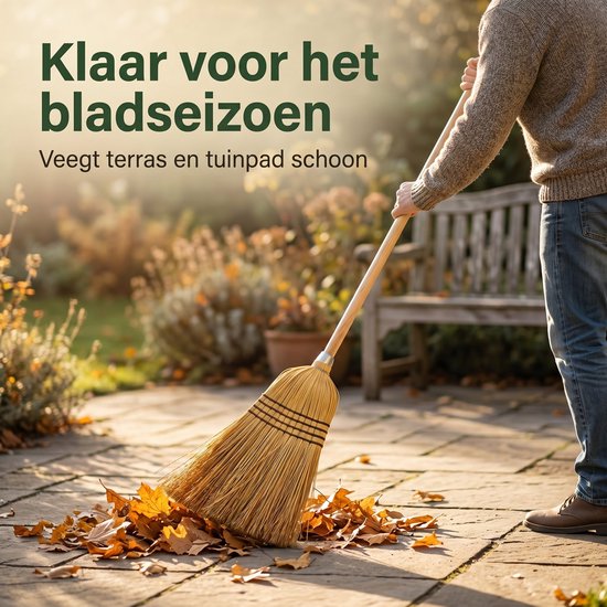 Cheqo® Strobezem - Rijststrobezem - Stro Bezem met Steel - Buitenbezem - Tuinbezem - Terrasbezem - Bladbezem - Bezem voor Buiten - Veegbezem - Heksenbezem - Bezem met Houten Steel voor Tuin en Terras - Bladeren Vegen van Cheqo — afbeelding 3