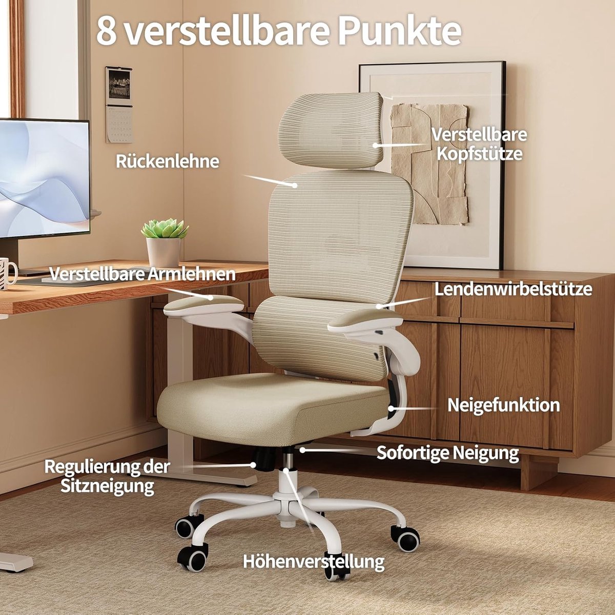 Ergonomische bureaustoel – House&Garden ErgoComfort Pro Gaming & Kantoorstoel met verstelbare hoofdsteun en lendensteun – 150 kg belastbaar – ademend mesh – comfortabele computerstoel – khaki