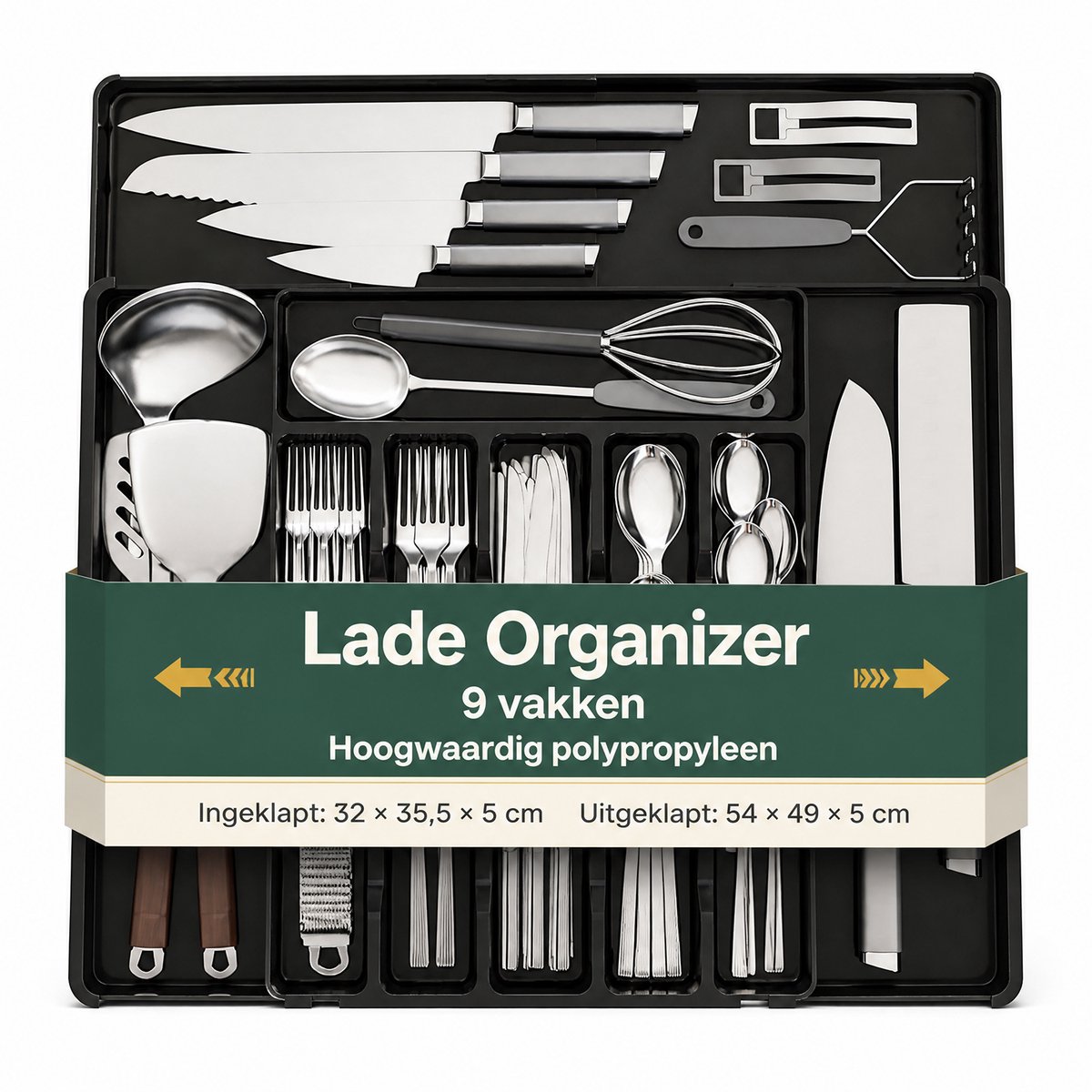 Uitschuifbare Bestekbak met 9 Vakken – Bestek Organizer voor Lade – Keuken Lade Organizer – Bestekhouder voor Lepels, Vorken en Messen – Zwart