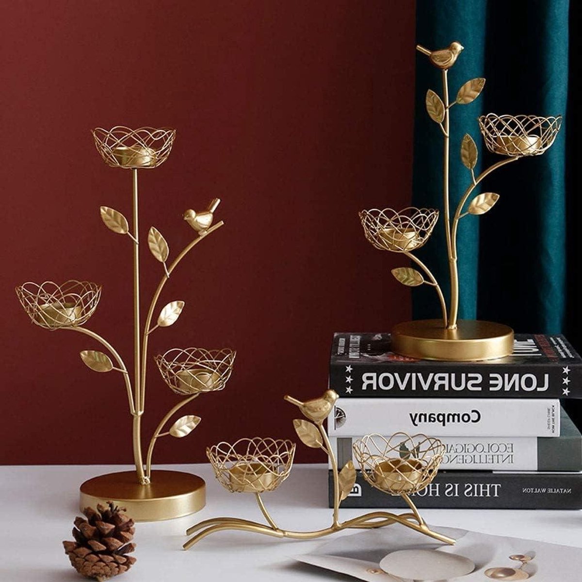 Kandelaar Smeedijzer - Kaarshouder Decoratie - Romantisch Diner - Vogel en Bladeren - Niet gespecificeerd - Goud