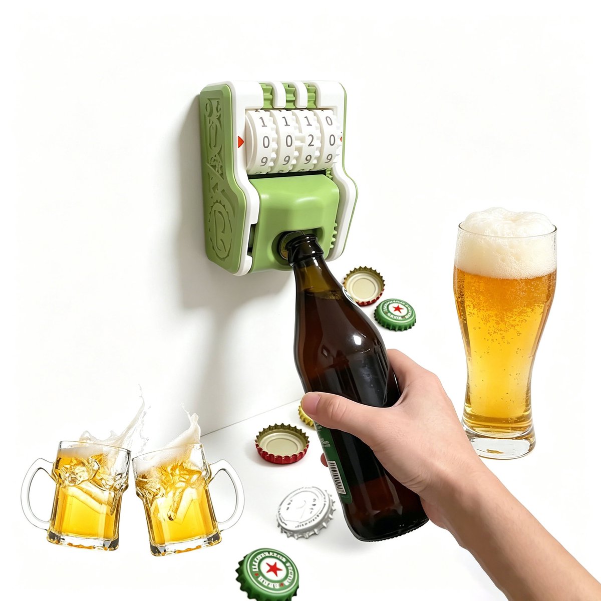 Sogiol® Flesopener voor aan de muur met nauwkeurige nummerweergave - Bieropener - herbruikbare kurkentrekker - Geschikt voor Corona 330ml - Uniek Cadeau voor Mannen & Vaderdag - Voor Thuisfeestjes, Bar of Bureau - groen