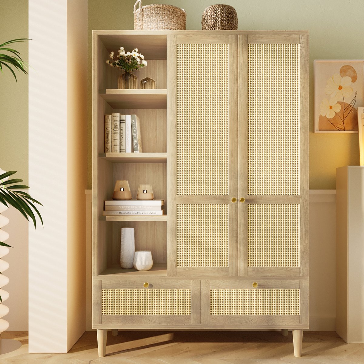MODFU - Kledingkast Met 2 Deuren En 2 Laden - Open Vakken En Kledingroede - Landelijke Stijl - MDF En Hout - Eikenkleur - 180 X 120 X 50 Cm