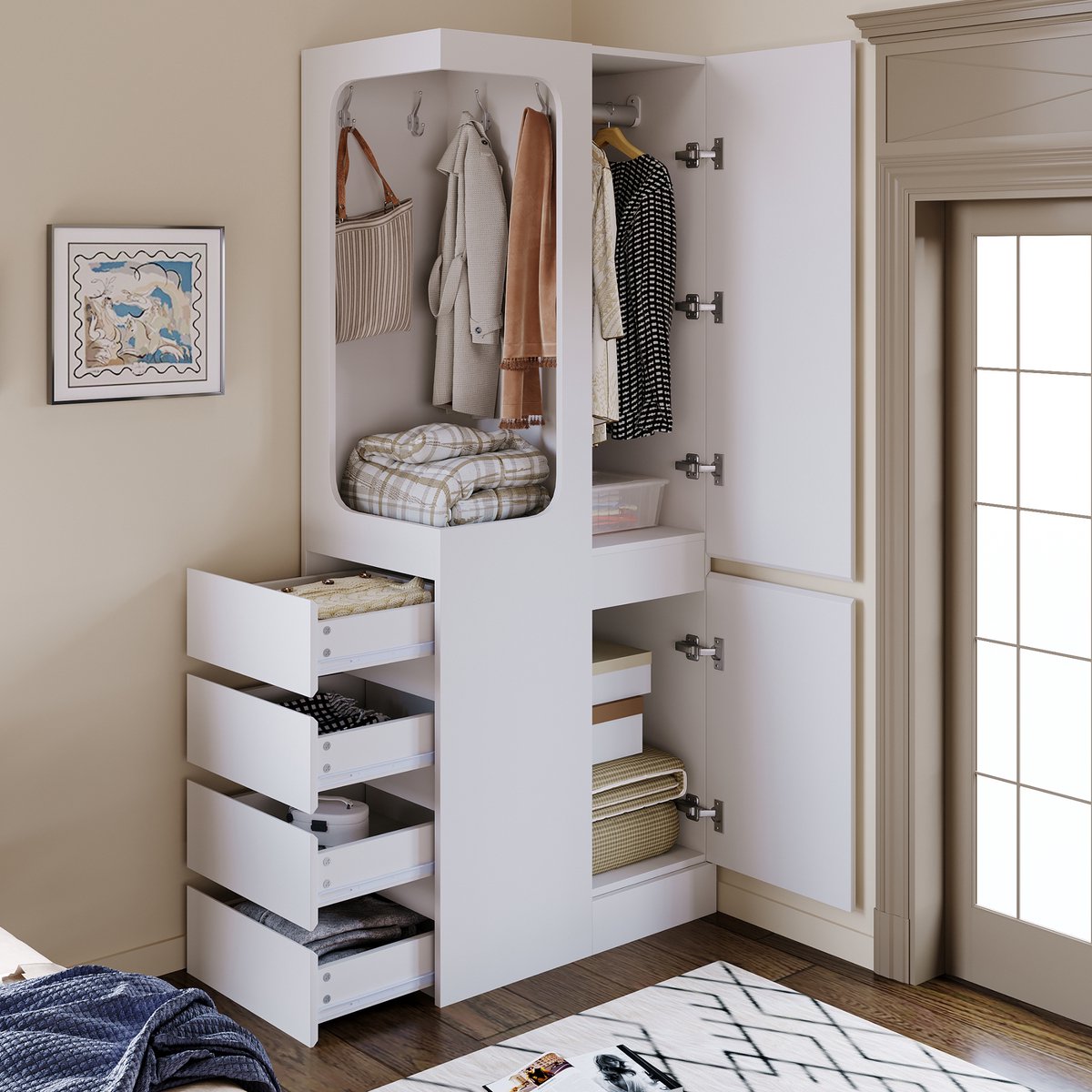 MODFU - Kledingkast - Met Laden En Open Hanggedeelte - Minimalistisch - Slaapkamer - Hout En MDF - Wit - 70 X 40 X 170 Cm