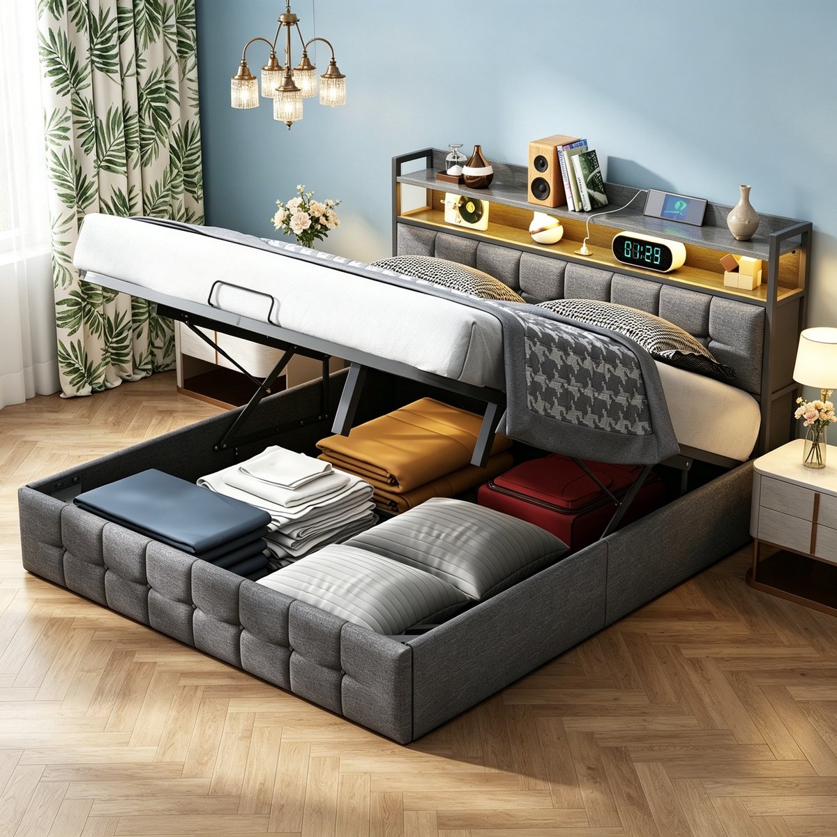 MEXUS Opbergbed 140x200 cm, Tweepersoonsbed met hydraulische functie, Gestoffeerd met LED en USB-aansluiting, bedframe met lattenbodem, voor volwassenen en tieners, linnen Grijs