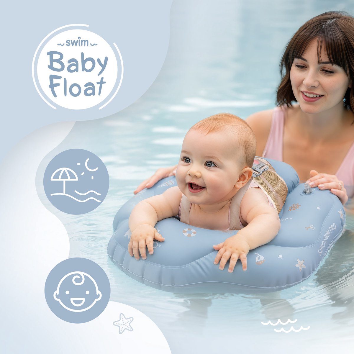 Sipo - Swim Pro - Baby Zwemband met Zitje - Opblaasbare Zwemtrainer Baby - Baby Float met Veiligheidsgordels - Zwemring voor Baby & Peuter 6-36 Maanden - 11-18 kg - 70 x 48 cm - Blauw – foto 2