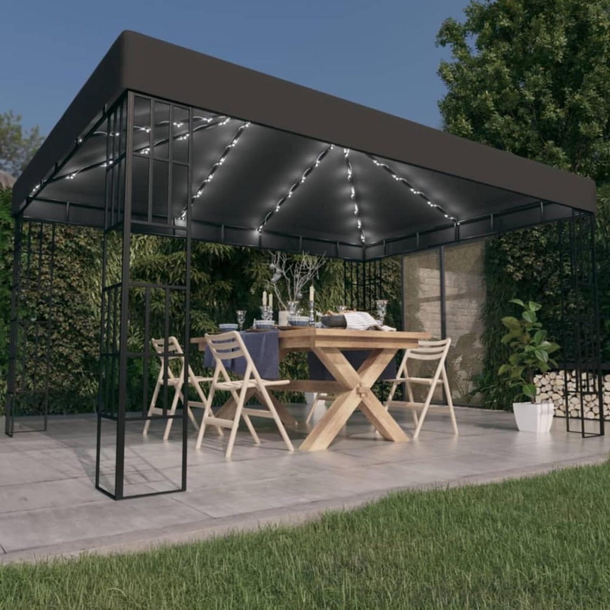 Tuinhuisje met verlichting - Feesttent buiten - Buitenfeest organiseren - Waterdichte luifel - 3x4 meter - Antraciet