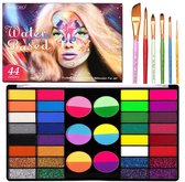 NUKOLO Schminkset – 44 Kleuren Schmink voor Kinderen & Volwassenen – Face Paint met 6 Penselen – Voor Festivals & Carnaval