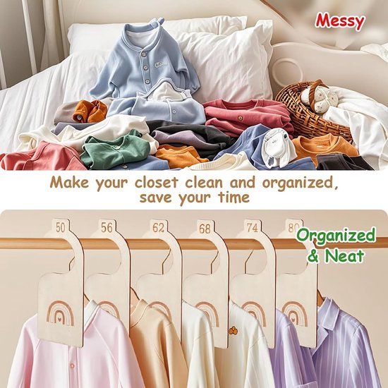 ECTEATOY® Kastverdelers Baby Kleding - 9 Stuks Maatverdelers Maat 50 t/m 98 - Houten Kledingkast Organiser met Regenboog - Maathangers - Kraamcadeau — afbeelding 2