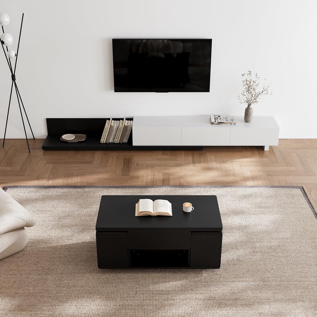 Salontafel Verstelbaar met 4 Krukken en Opbergruimte 100 x 50 x 64,5 cm – Uitschuifbare Lift-Top Woonkamertafel naar Eettafel voor 8 Personen – Multifunctionele Tafel met Wielen – Naturel – Mobili Bella