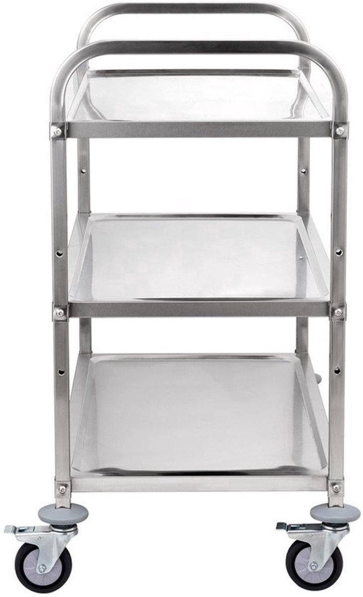 3-laags RVS Opberghulpwagen – Opbergwagen – Werkplaatskar – Servicetrolley – Transportkar – Roestvrij Staal – Draagvermogen 204 kg – Verstelbare Planken & Geruisloze Zwenkwielen