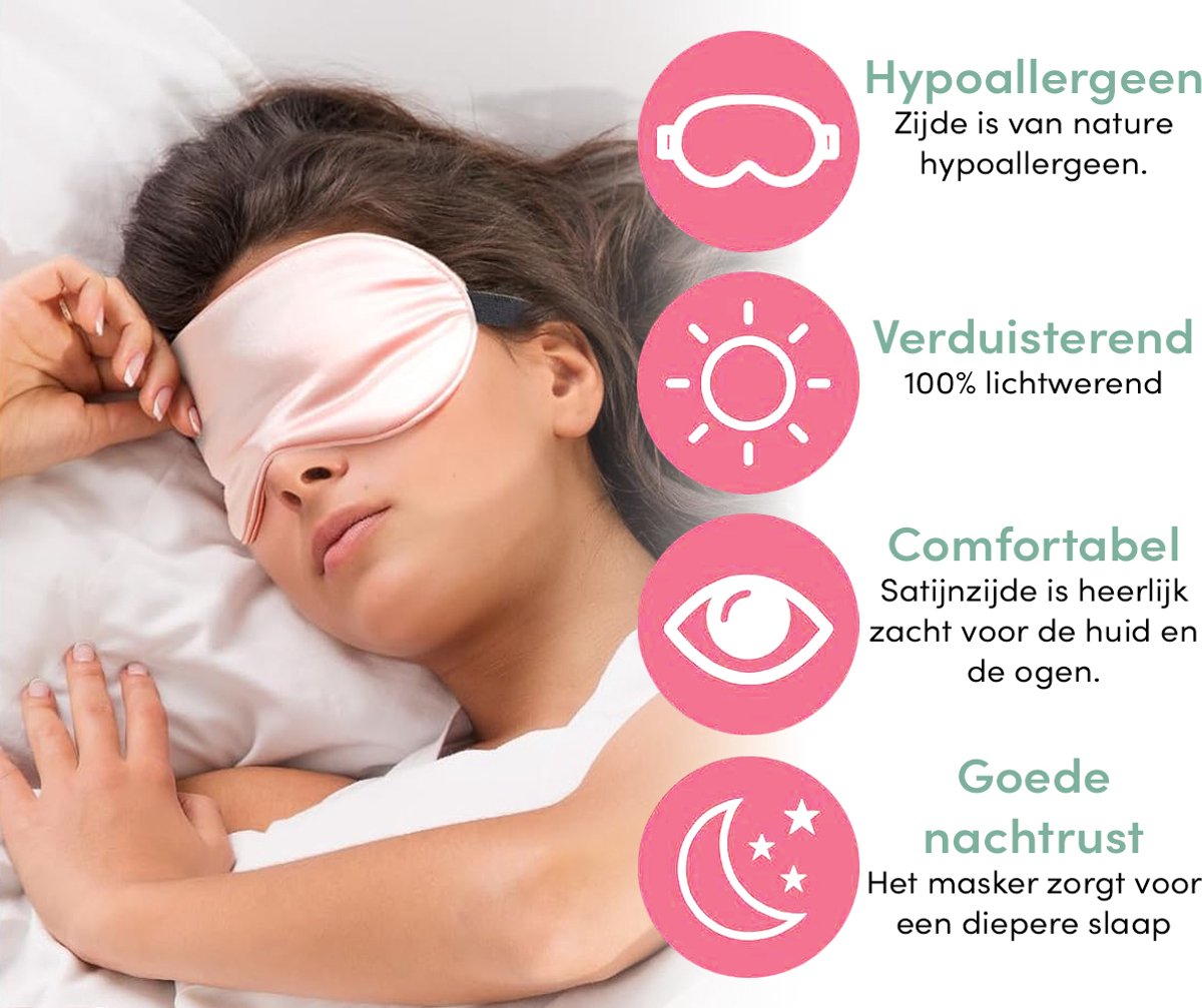 Loti Premium Zijden Slaapmasker + Opbergzakje - 100% Verduisterend Oogmasker - Verstelbaar - Blinddoek - Zijdezacht - Anti-Rimpel – Eye Mask – Sleep Mask – Roze — afbeelding 2