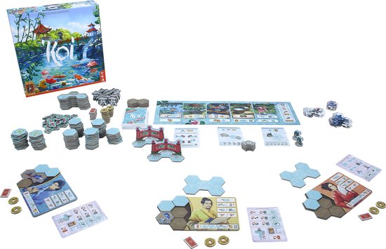 Overzicht van alle componenten van het bordspel Koi: doos, bord, kaarten, munten en figuren.