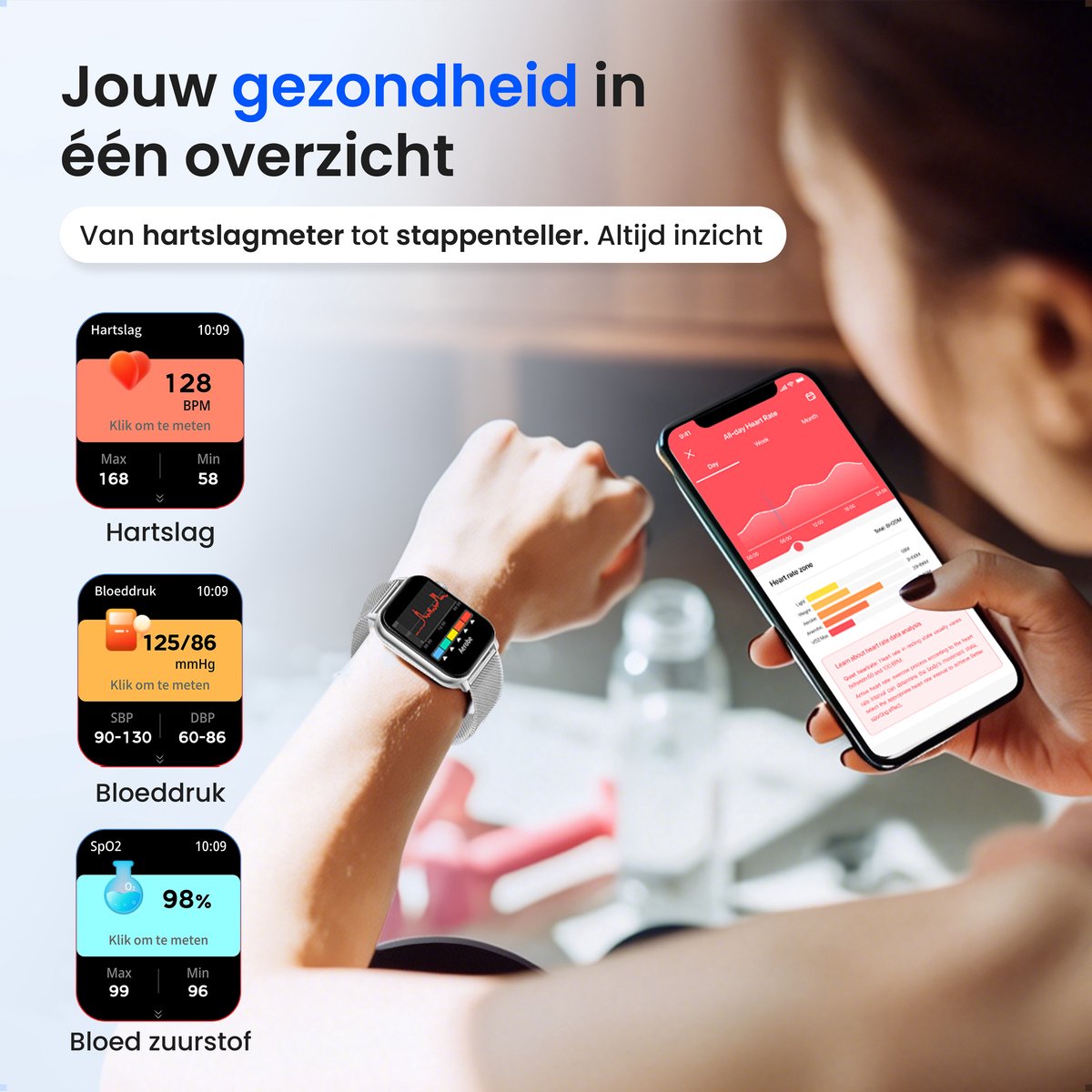Siltcon® Smartwatch Dames Pro - Smartwatch Heren Pro - Sporthorloge Dames & Heren - Stappenteller Horloge - Hartslagmeter – Bloeddrukmeter - Slaapmonitor - Saturatiemeter - Belfunctie - Elke Smartphone - RVS - Incl. 4 Bandjes - Zilver – foto 5