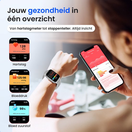 Vrouw bekijkt gezondheidsgegevens op Siltcon Smartwatch Pro: hartslag, bloeddruk en SpO2. Mobiele app toont grafieken.