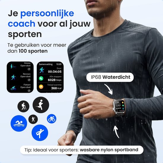 Man draagt Siltcon Smartwatch Pro tijdens het sporten. Horloge is IP68 waterdicht en geschikt voor meer dan 100 sporten.