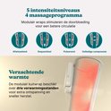 Illustratie van massageprogramma's en een close-up van een witte kuitwrap met verwarming.