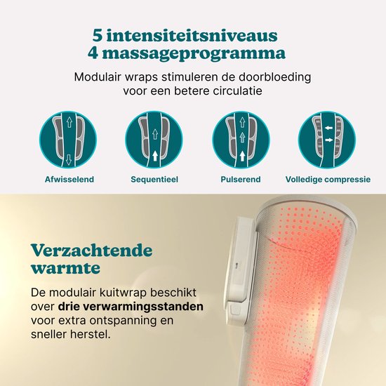 Illustratie van massageprogramma's en een close-up van een witte kuitwrap met verwarming.