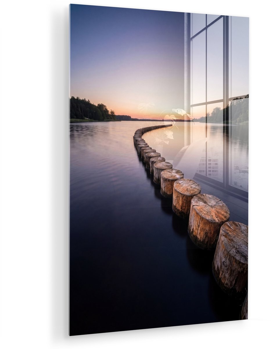 MuchoWow® Glasschilderij 80x120 cm - Schilderij acrylglas - Hout - Palen - Water - Foto op