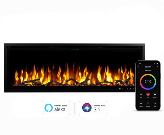 Zwarte elektrische sfeerhaard met oranje vlammen, houtblokken en een smartphone-app voor bediening. Tevens compatibel met Alexa en Siri.