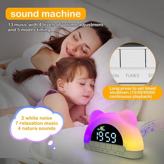 Kinderwekker Slaaptrainer - Nachtlamp Geluidsmachine - Ochtendroutine Leren - Dubbele Alarmen Instelbaar - 11 RGB Kleuren - Wit — afbeelding 4