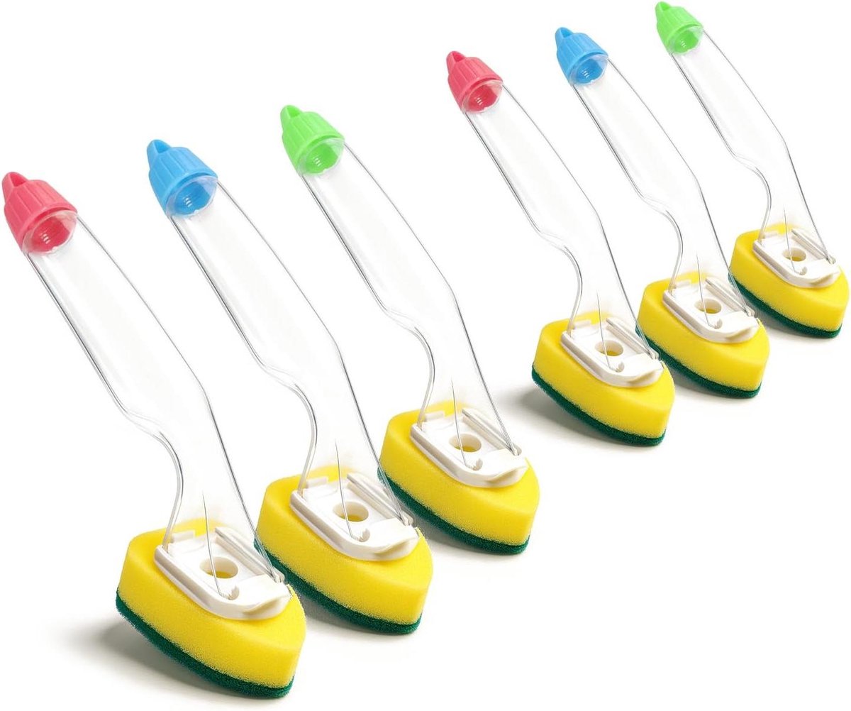 Afwasborstels Set - Spons Borstel - Snel Schoonmaken - Met Zeepdispenser - 6 Stuks - Assorti