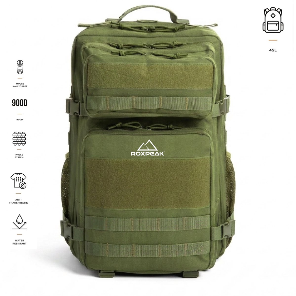 RoxPeak® TitanPack T1 - Outdoor Rugzak - 45L- Tactical Backpack – 17 Inch Laptopvak – 900D Oxford Polyester – MOLLE Systeem – Waterafstotend – Hiking, Camping & Reisrugzak – Groen